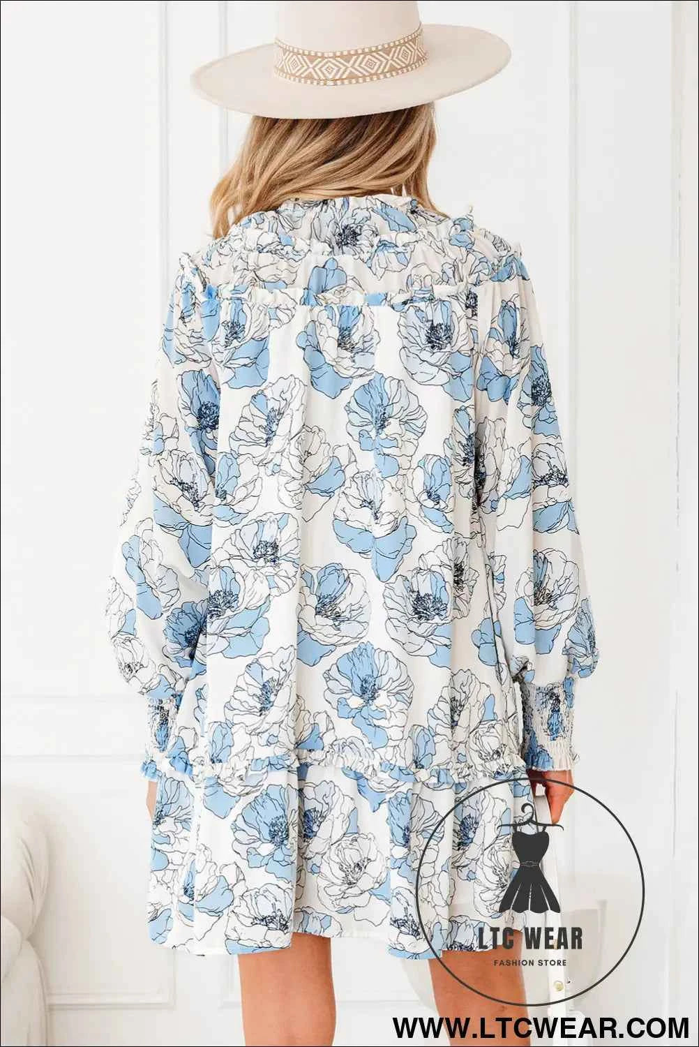 Sky Blue Floral Print Tie Neck Long Sleeve Flowy Mini Dress