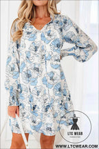 Sky Blue Floral Print Tie Neck Long Sleeve Flowy Mini Dress