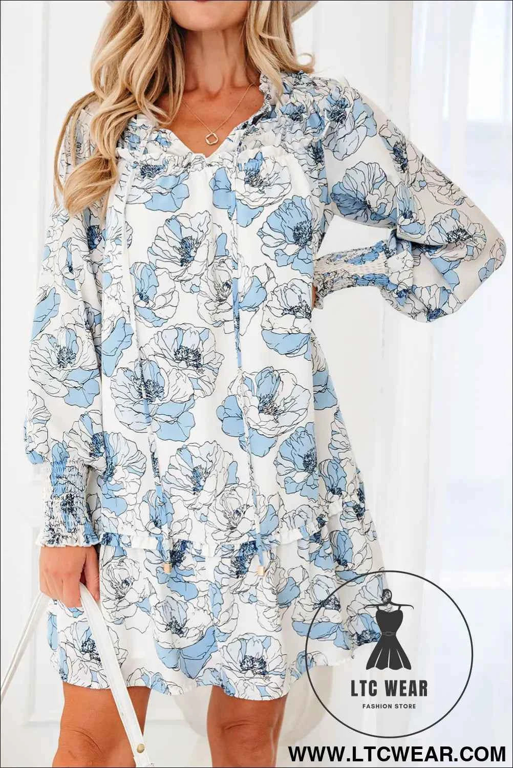 Sky Blue Floral Print Tie Neck Long Sleeve Flowy Mini Dress