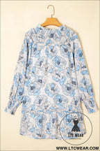 Sky blue floral print tie neck long sleeve flowy mini dress - floral dresses