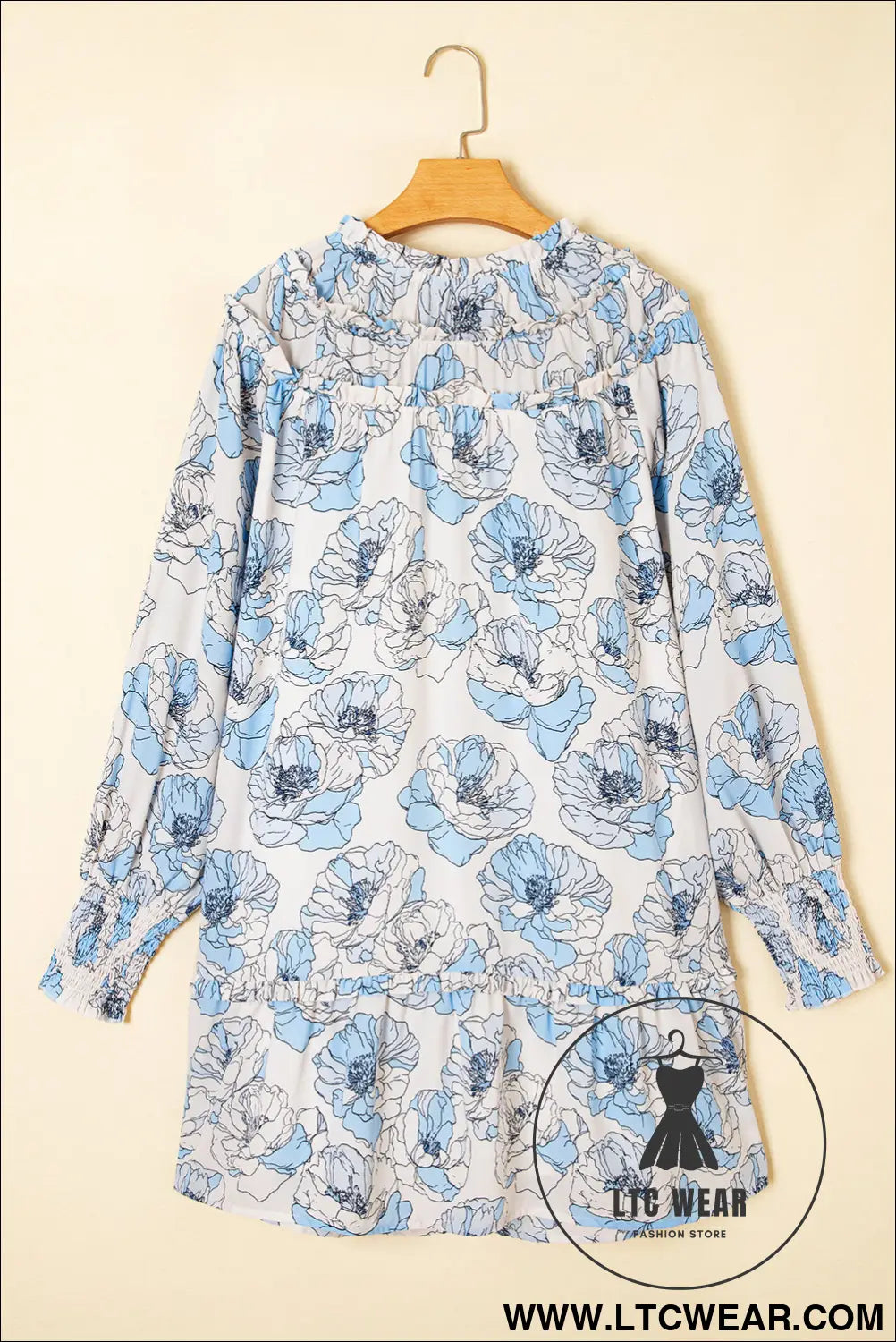 Sky blue floral print tie neck long sleeve flowy mini dress - floral dresses