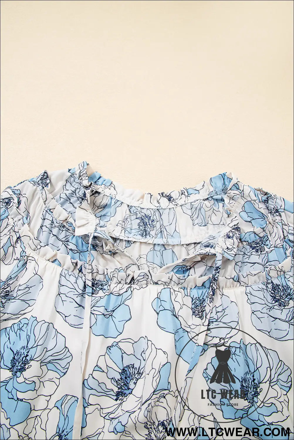 Sky blue floral print tie neck long sleeve flowy mini dress - floral dresses