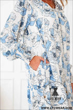 Sky Blue Floral Print Tie Neck Long Sleeve Flowy Mini Dress