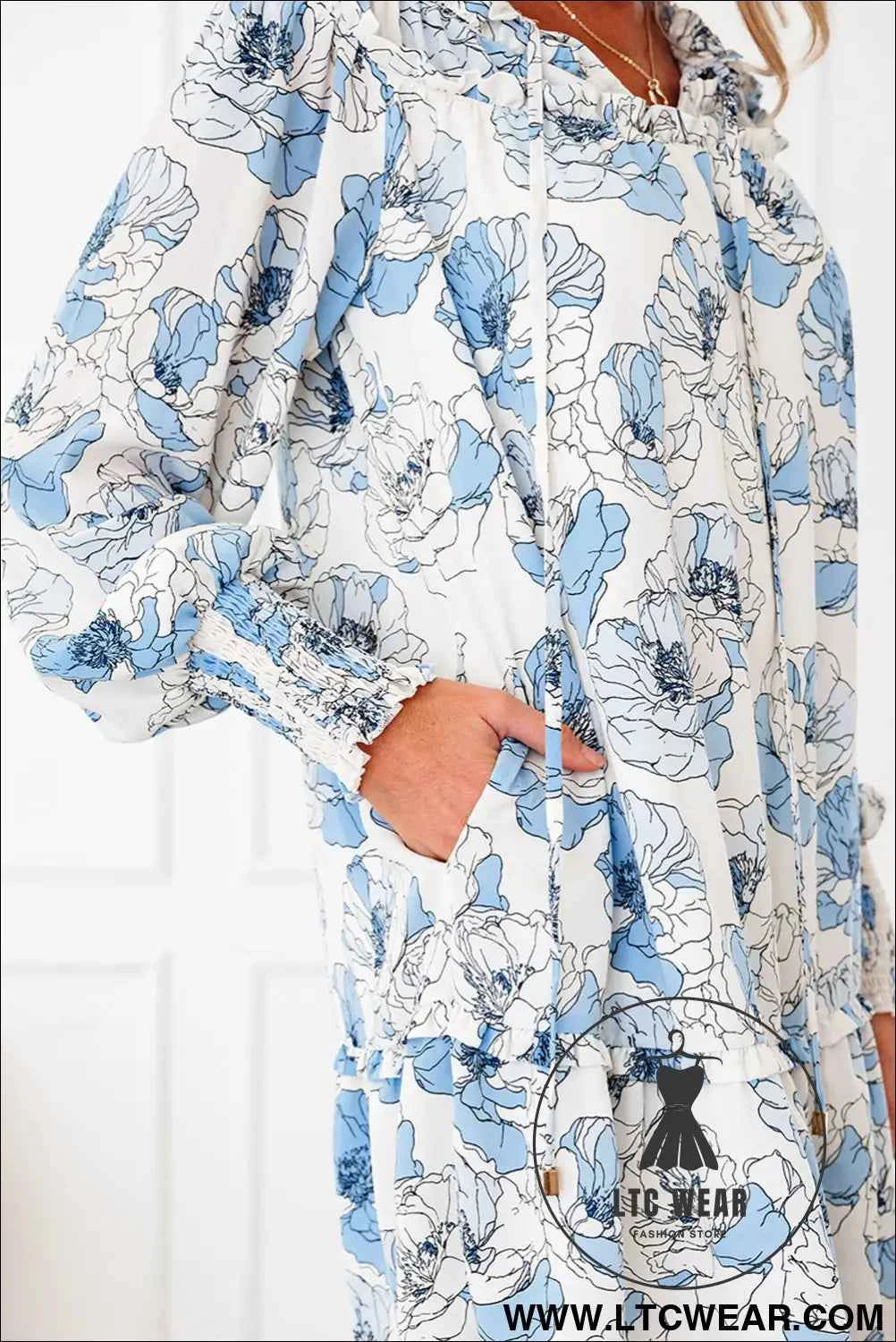 Sky Blue Floral Print Tie Neck Long Sleeve Flowy Mini Dress