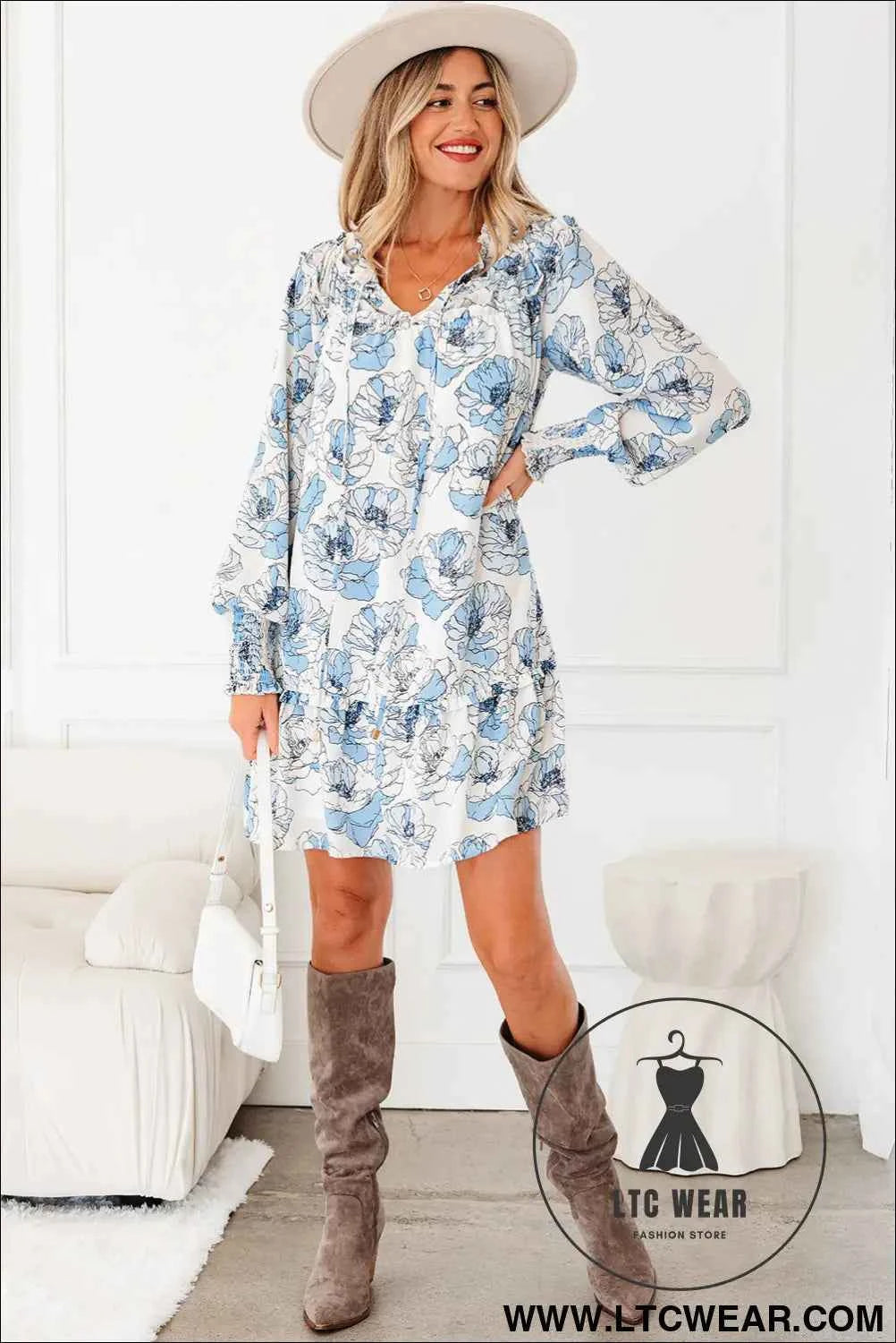 Sky Blue Floral Print Tie Neck Long Sleeve Flowy Mini Dress