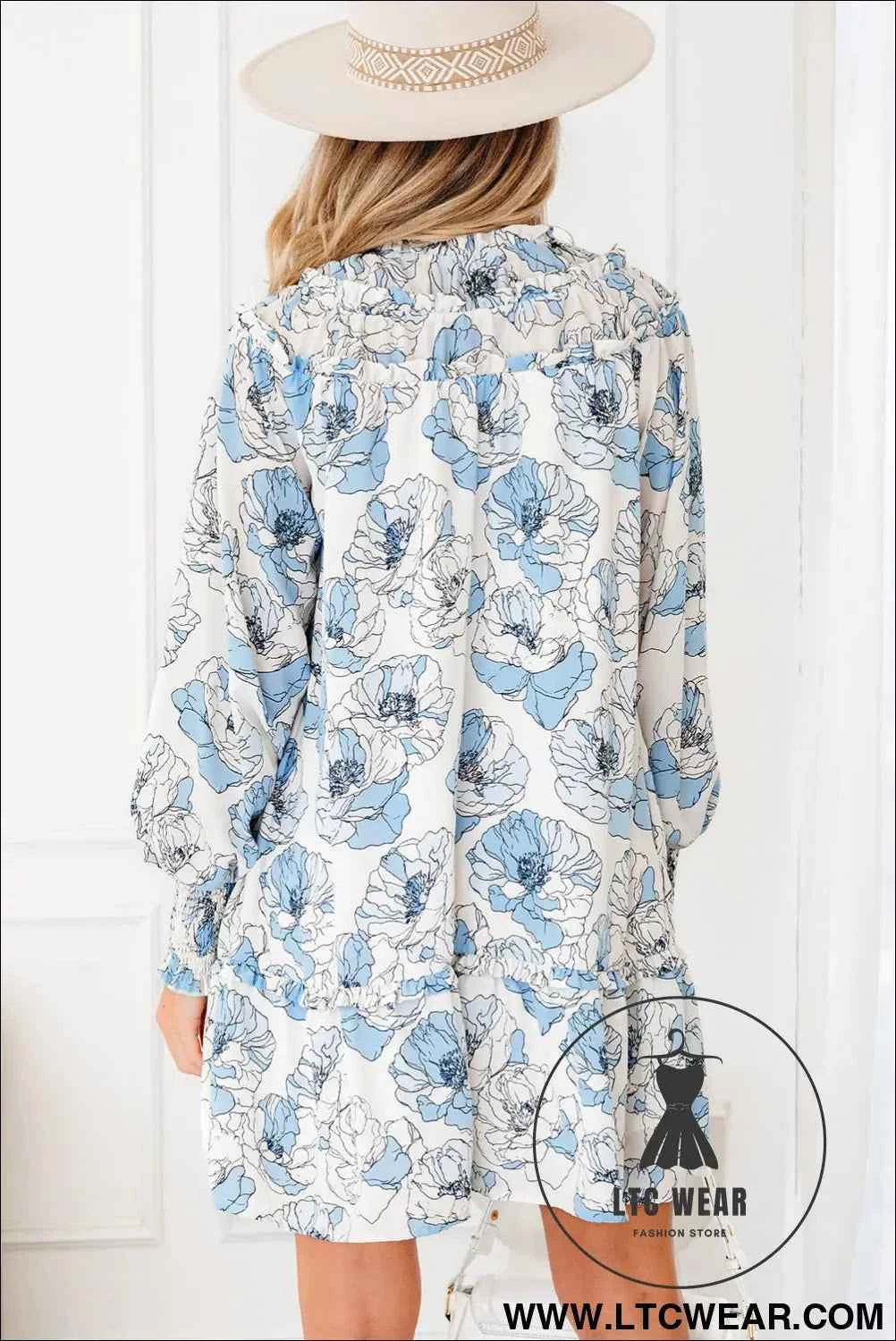 Sky Blue Floral Print Tie Neck Long Sleeve Flowy Mini Dress