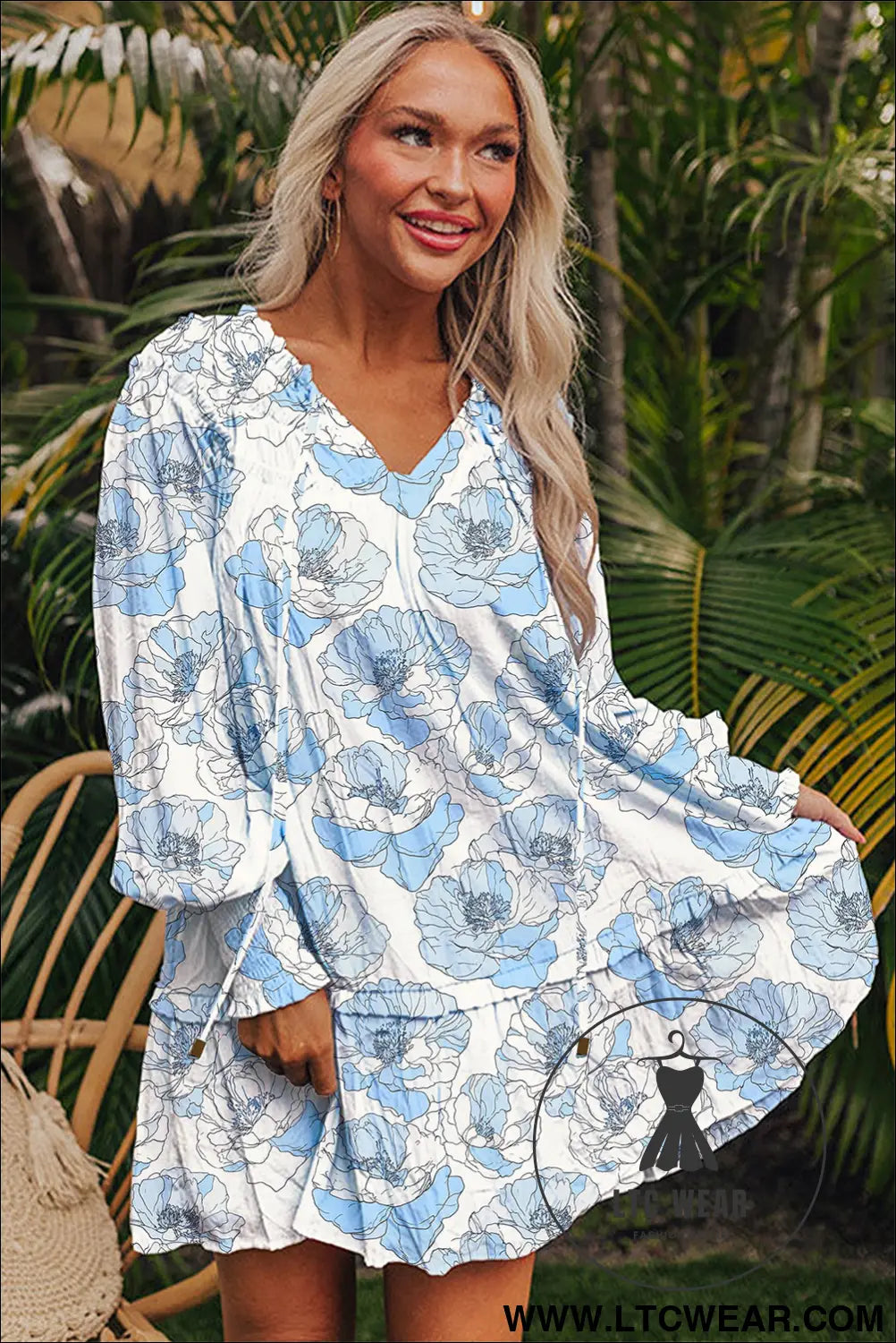 Sky blue floral print tie neck long sleeve flowy mini dress - floral dresses