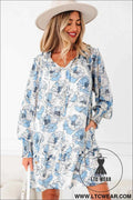 Sky Blue Floral Print Tie Neck Long Sleeve Flowy Mini Dress