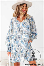 Sky Blue Floral Print Tie Neck Long Sleeve Flowy Mini Dress
