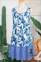 Sky Blue Floral Print U Neck Sleeveless Striped Ruffle Hem Patchwork Dress