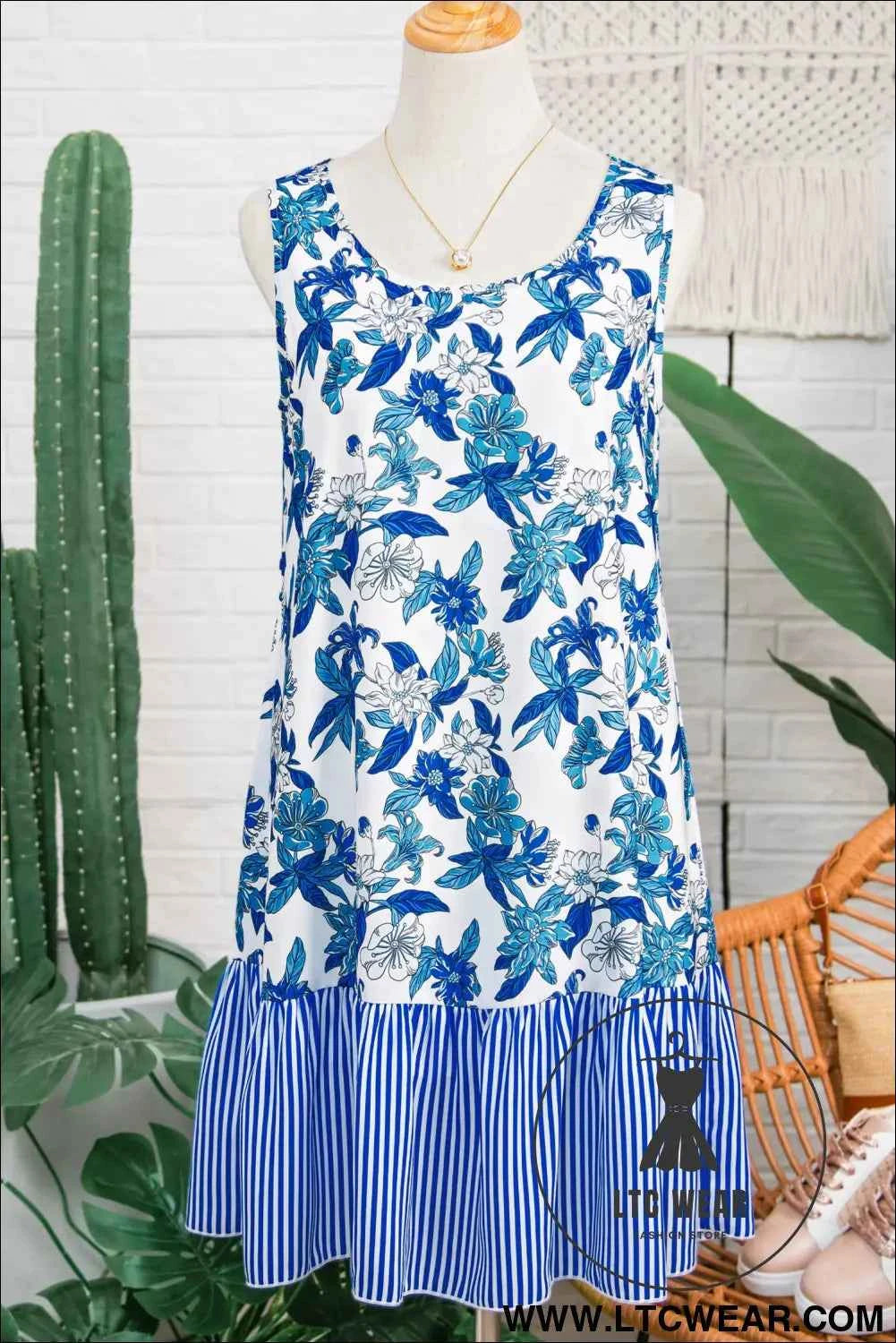 Sky Blue Floral Print U Neck Sleeveless Striped Ruffle Hem Patchwork Dress