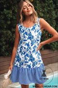 Sky Blue Floral Print U Neck Sleeveless Striped Ruffle Hem Patchwork Dress