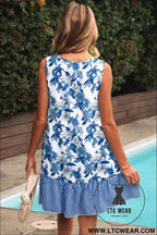 Sky Blue Floral Print U Neck Sleeveless Striped Ruffle Hem Patchwork Dress