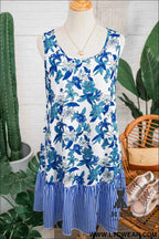 Sky Blue Floral Print U Neck Sleeveless Striped Ruffle Hem Patchwork Dress