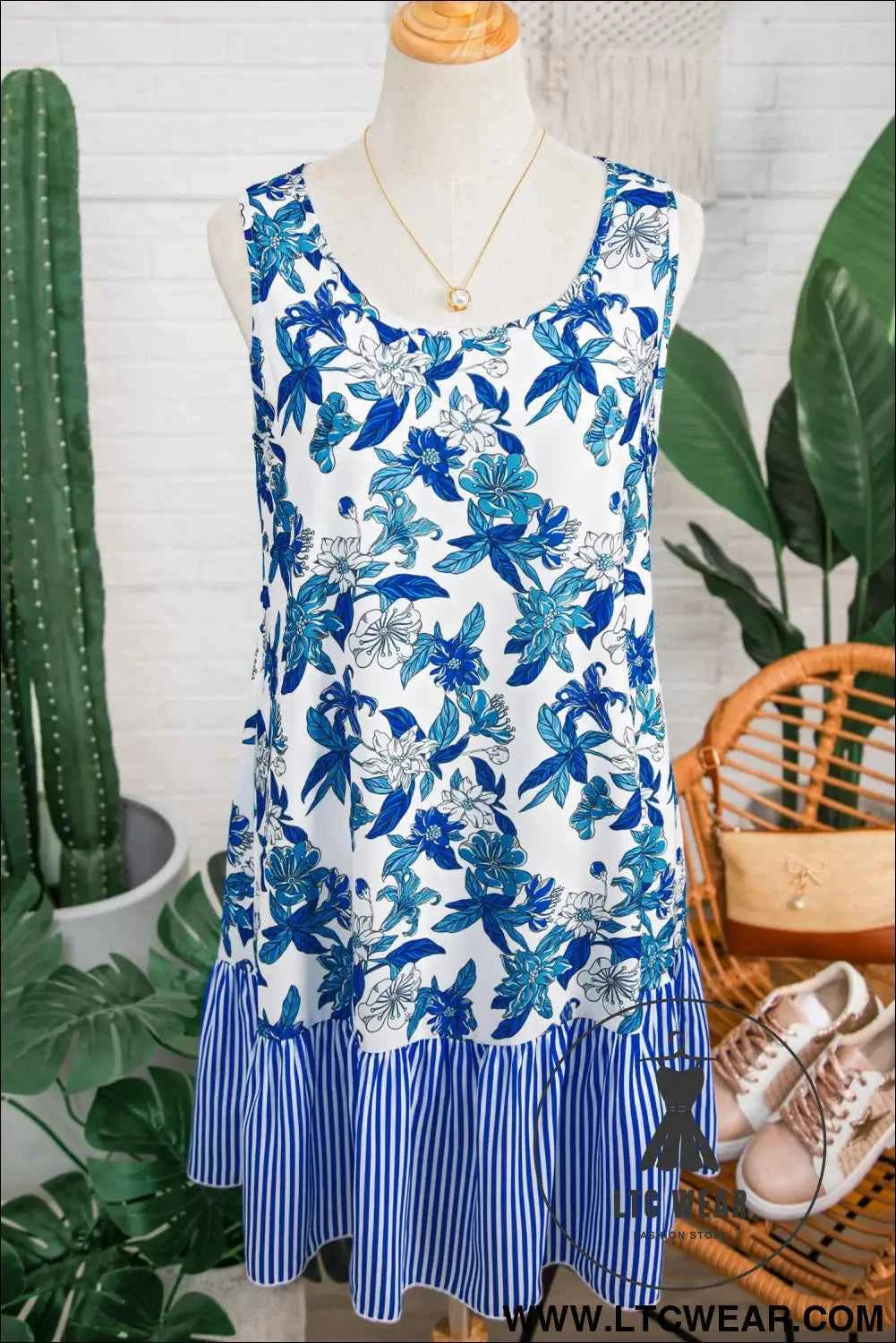 Sky Blue Floral Print U Neck Sleeveless Striped Ruffle Hem Patchwork Dress