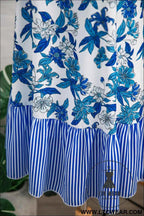 Sky Blue Floral Print U Neck Sleeveless Striped Ruffle Hem Patchwork Dress
