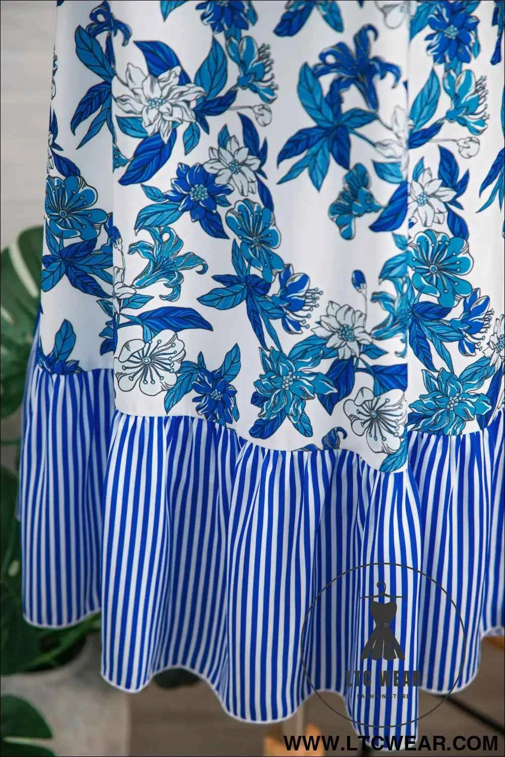 Sky Blue Floral Print U Neck Sleeveless Striped Ruffle Hem Patchwork Dress