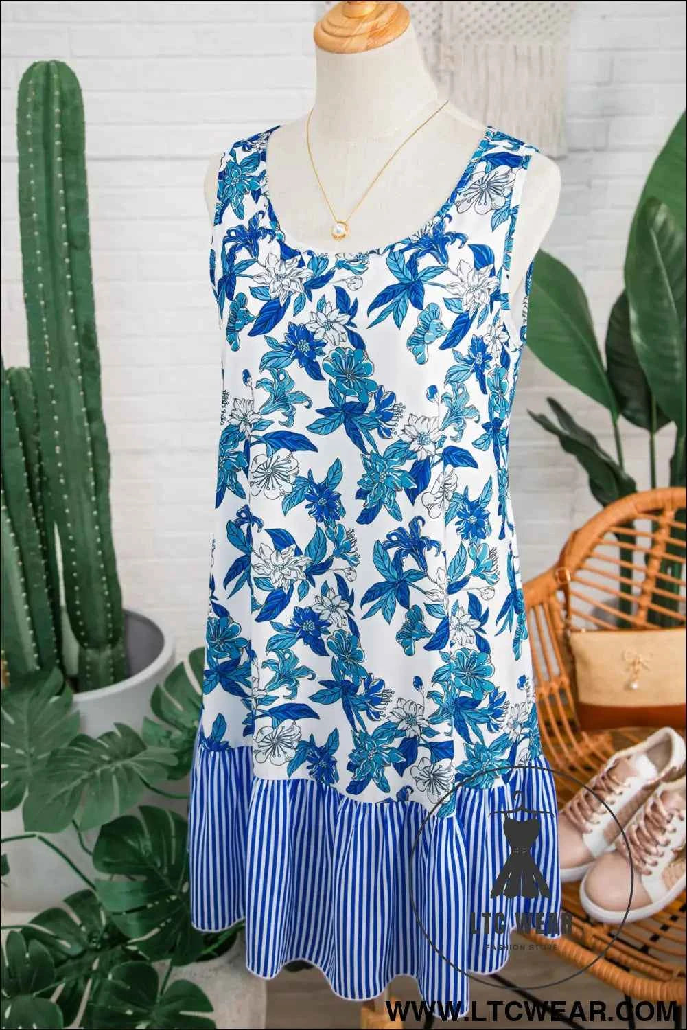 Sky Blue Floral Print U Neck Sleeveless Striped Ruffle Hem Patchwork Dress
