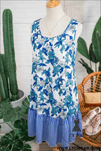 Sky Blue Floral Print U Neck Sleeveless Striped Ruffle Hem Patchwork Dress