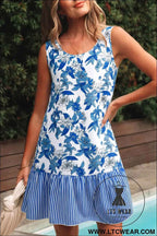 Sky Blue Floral Print U Neck Sleeveless Striped Ruffle Hem Patchwork Dress