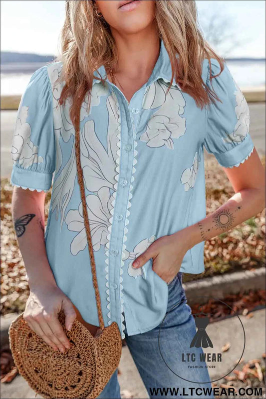 Sky Blue Floral Ric Rac Edge Puff Sleeve Button Up Summer Shirt
