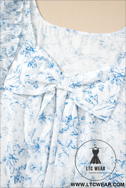 Sky blue floral ruffle short sleeve bow back blouse - blouses & shirts