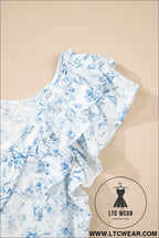 Sky blue floral ruffle short sleeve bow back blouse - blouses & shirts