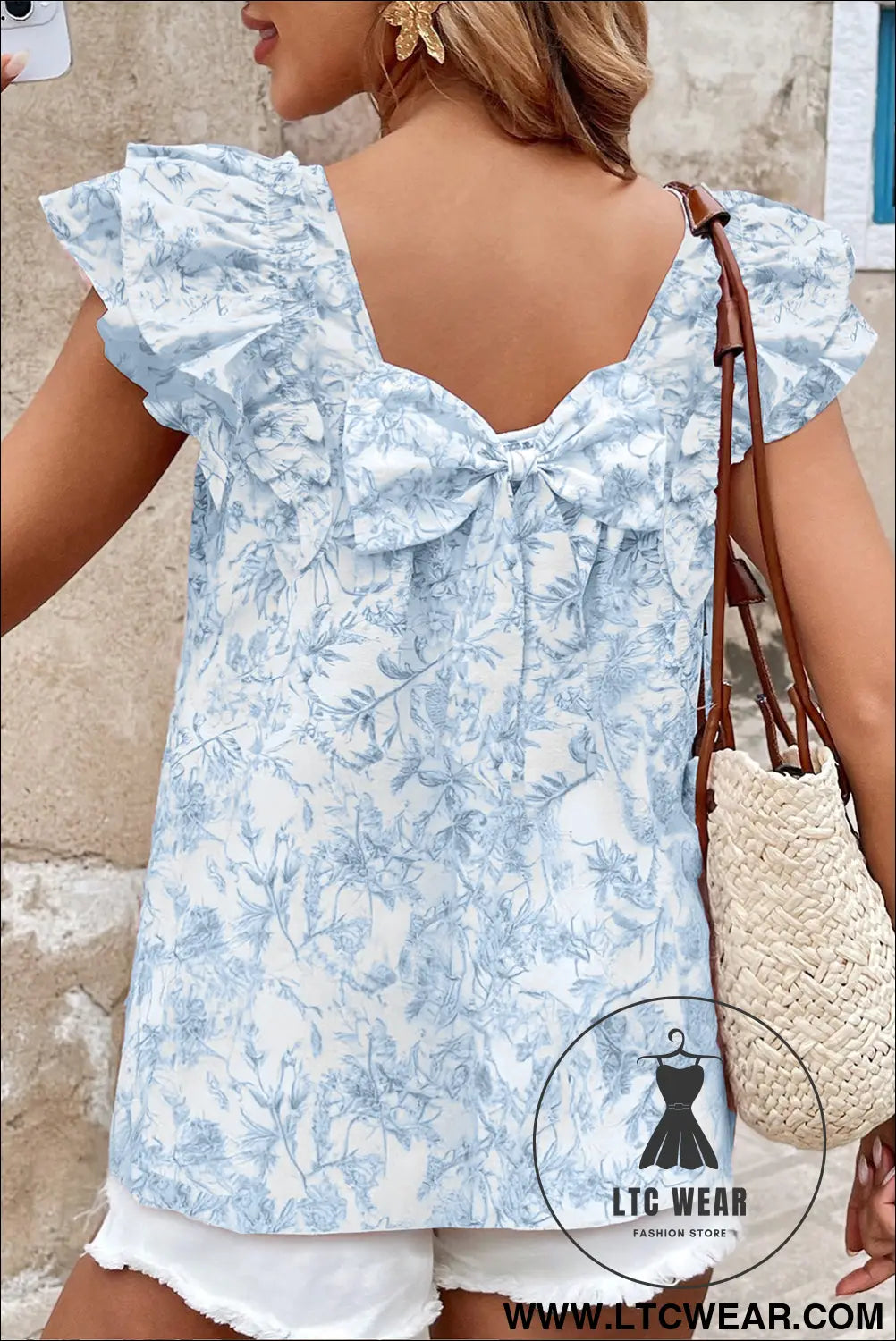 Sky blue floral ruffle short sleeve bow back blouse - blouses & shirts