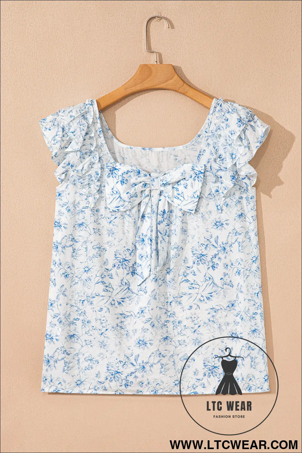 Sky blue floral ruffle short sleeve bow back blouse - blouses & shirts
