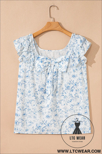 Sky blue floral ruffle short sleeve bow back blouse - blouses & shirts
