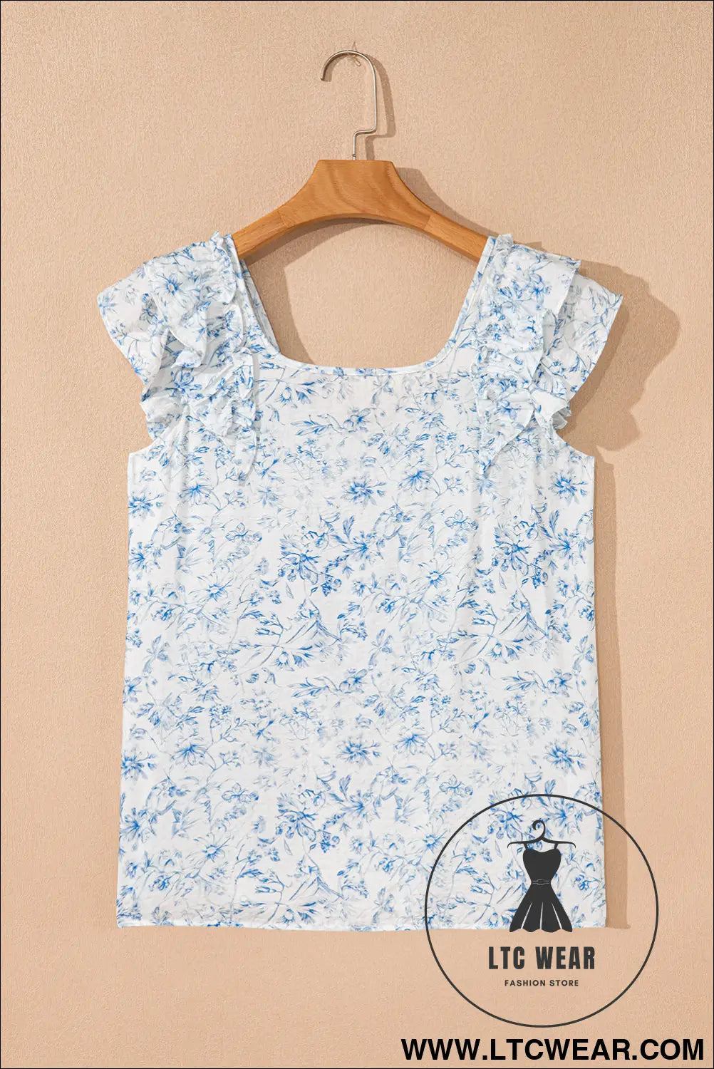 Sky blue floral ruffle short sleeve bow back blouse - blouses & shirts
