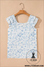 Sky blue floral ruffle short sleeve bow back blouse - blouses & shirts