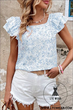 Sky blue floral ruffle short sleeve bow back blouse - blouses & shirts