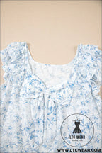 Sky blue floral ruffle short sleeve bow back blouse - blouses & shirts