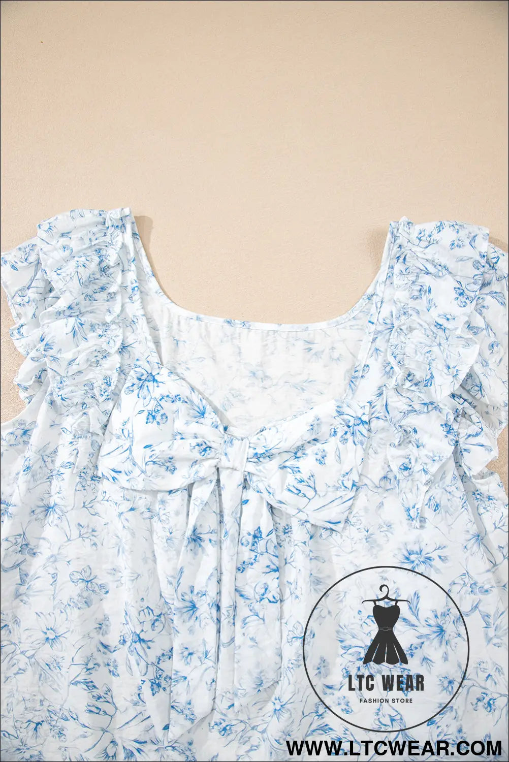 Sky blue floral ruffle short sleeve bow back blouse - blouses & shirts