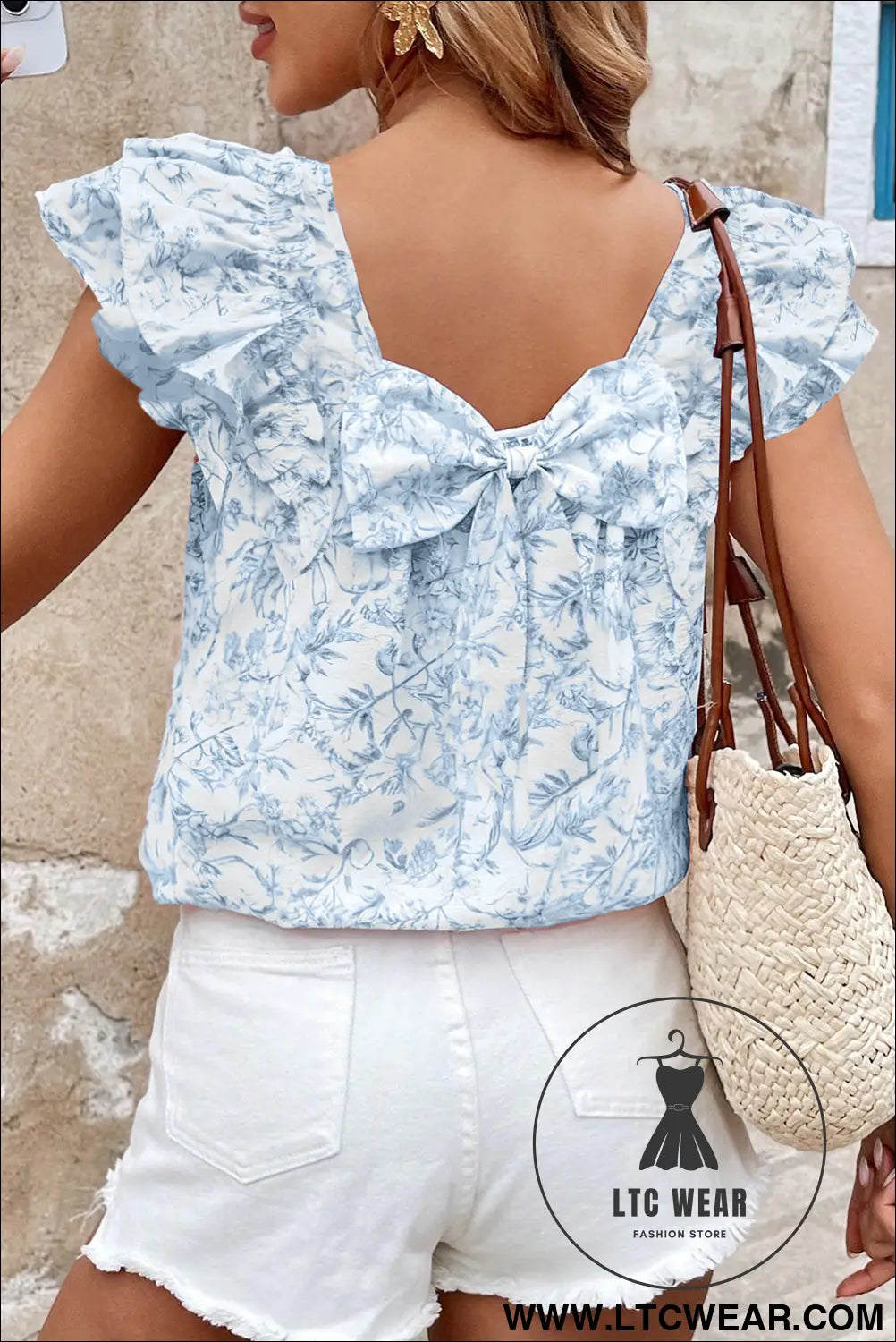 Sky blue floral ruffle short sleeve bow back blouse - sky blue / l / 80% viscose + 20% polyamide - blouses & shirts