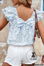 Sky blue floral ruffle short sleeve bow back blouse - sky blue / l / 80% viscose + 20% polyamide - blouses & shirts