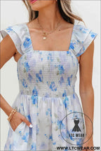 Sky Blue Floral Smocked High Waist Double Ruffle Sleeveless Long Dress