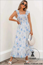 Sky Blue Floral Smocked High Waist Double Ruffle Sleeveless Long Dress