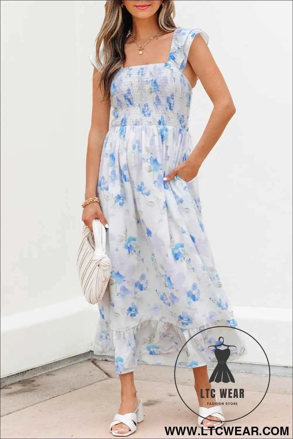 Sky Blue Floral Smocked High Waist Double Ruffle Sleeveless Long Dress