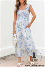 Sky Blue Floral Smocked High Waist Double Ruffle Sleeveless Long Dress