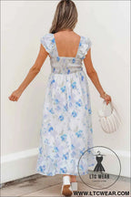 Sky Blue Floral Smocked High Waist Double Ruffle Sleeveless Long Dress