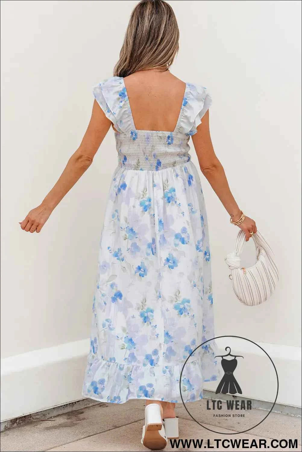 Sky Blue Floral Smocked High Waist Double Ruffle Sleeveless Long Dress