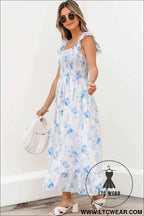 Sky Blue Floral Smocked High Waist Double Ruffle Sleeveless Long Dress
