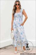 Sky Blue Floral Smocked High Waist Double Ruffle Sleeveless Long Dress