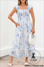 Sky Blue Floral Smocked High Waist Double Ruffle Sleeveless Long Dress
