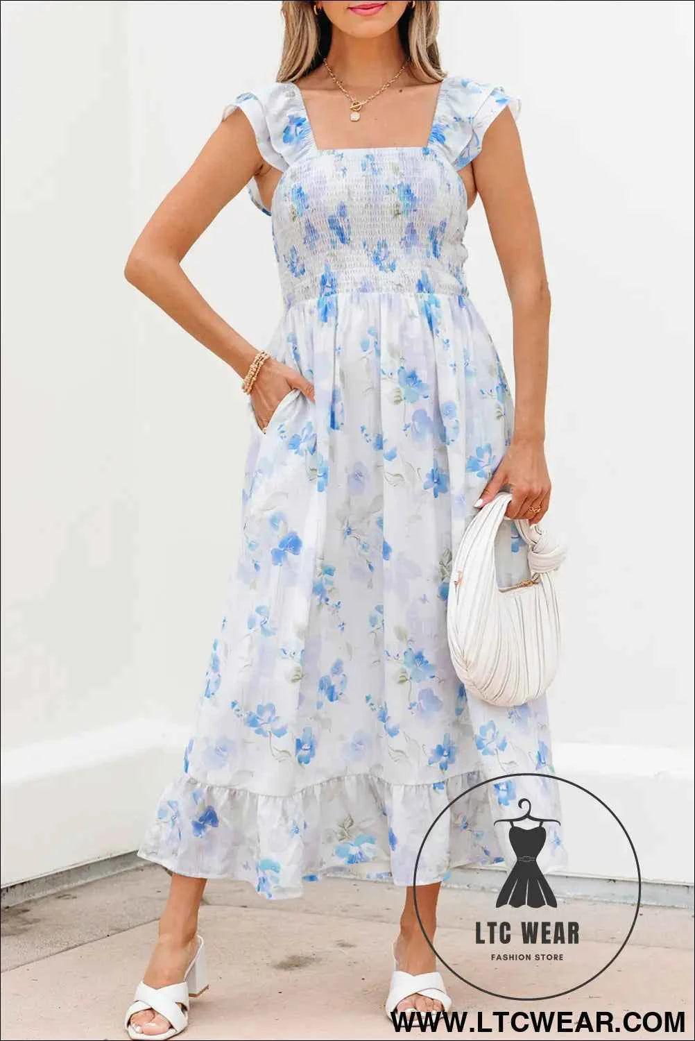 Sky Blue Floral Smocked High Waist Double Ruffle Sleeveless Long Dress
