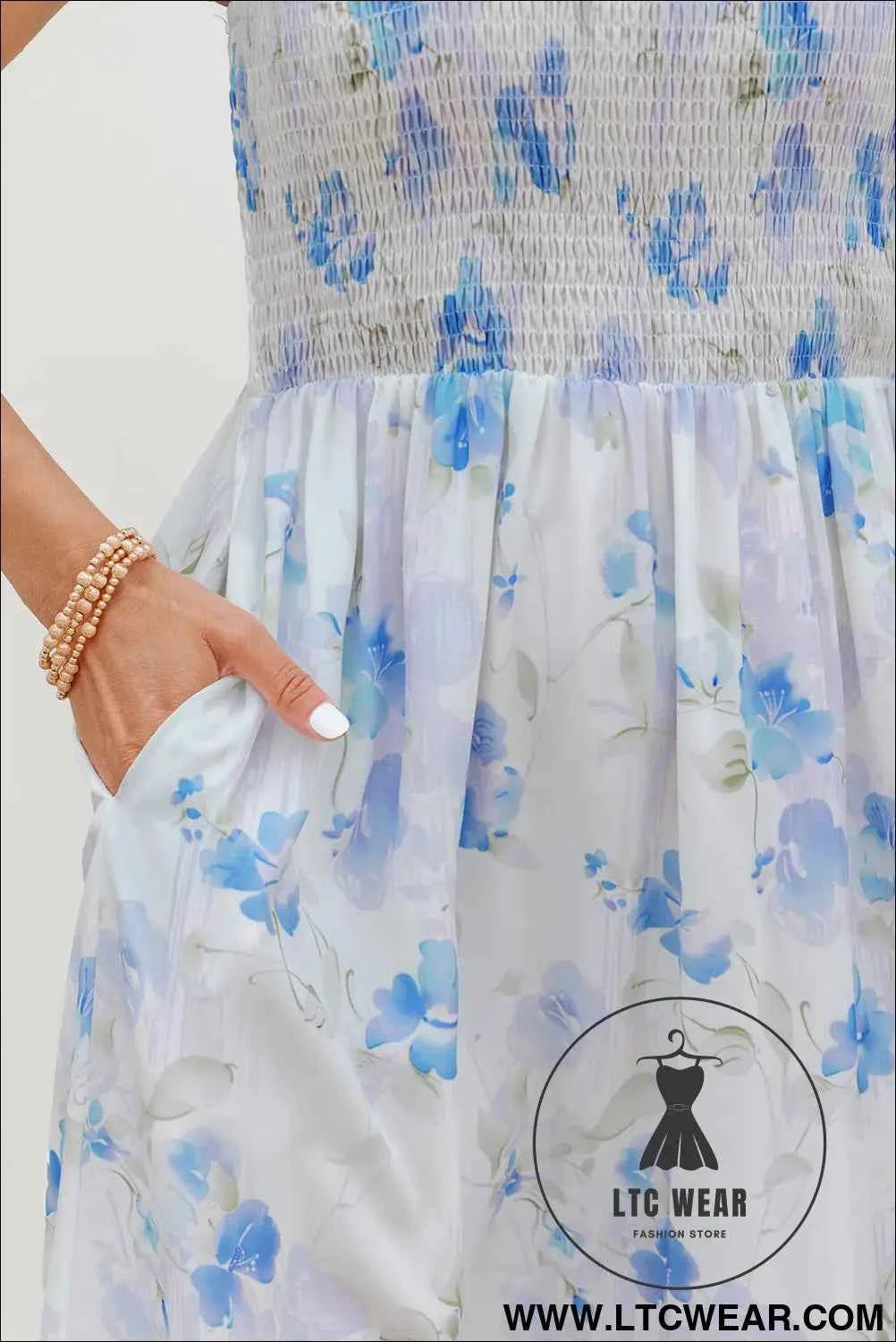 Sky Blue Floral Smocked High Waist Double Ruffle Sleeveless Long Dress