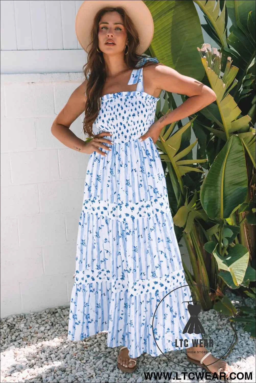 Sky Blue Floral Smocked Tied Straps A-Lined Tiered Maxi Dress