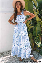 Sky Blue Floral Smocked Tied Straps A-Lined Tiered Maxi Dress
